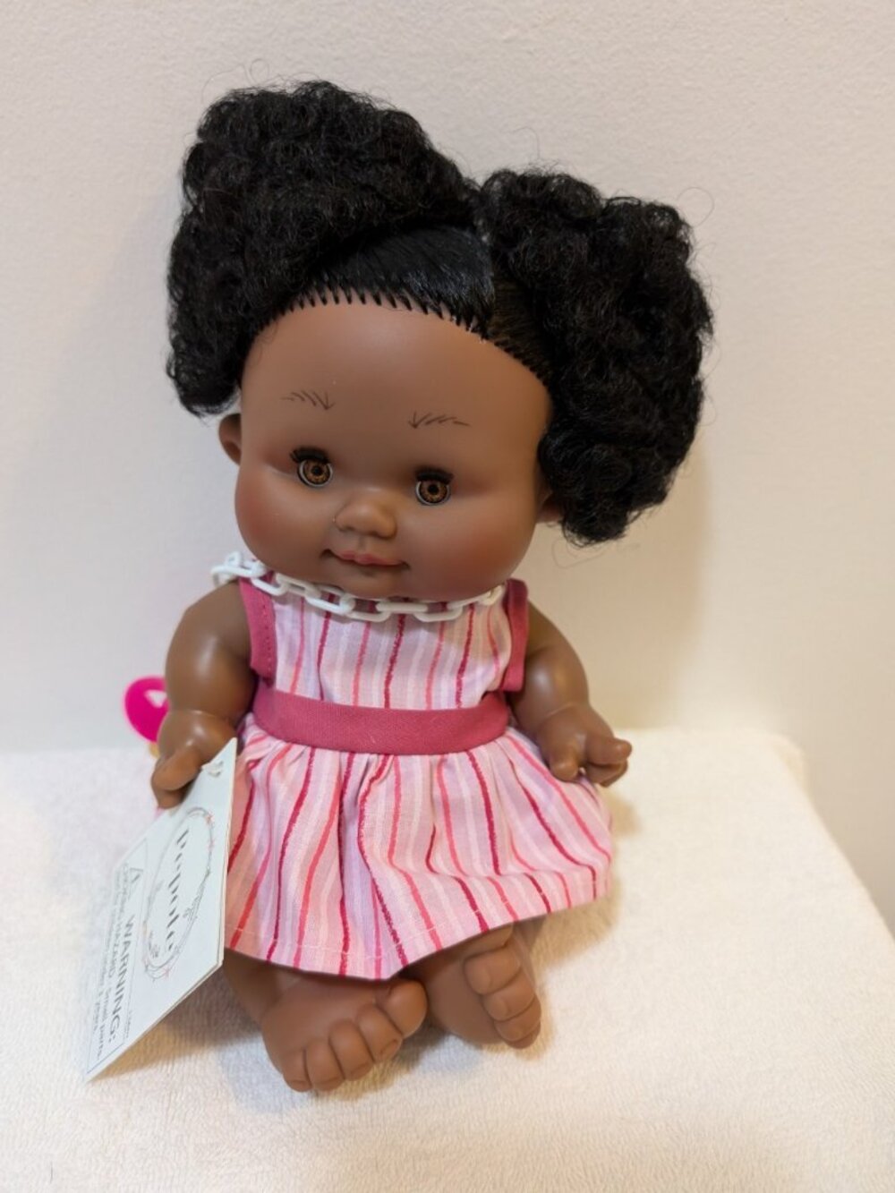 Nines d'Onil Pepote Doll 10" Black Hair, Brown Eyes Pink Stripe Dress